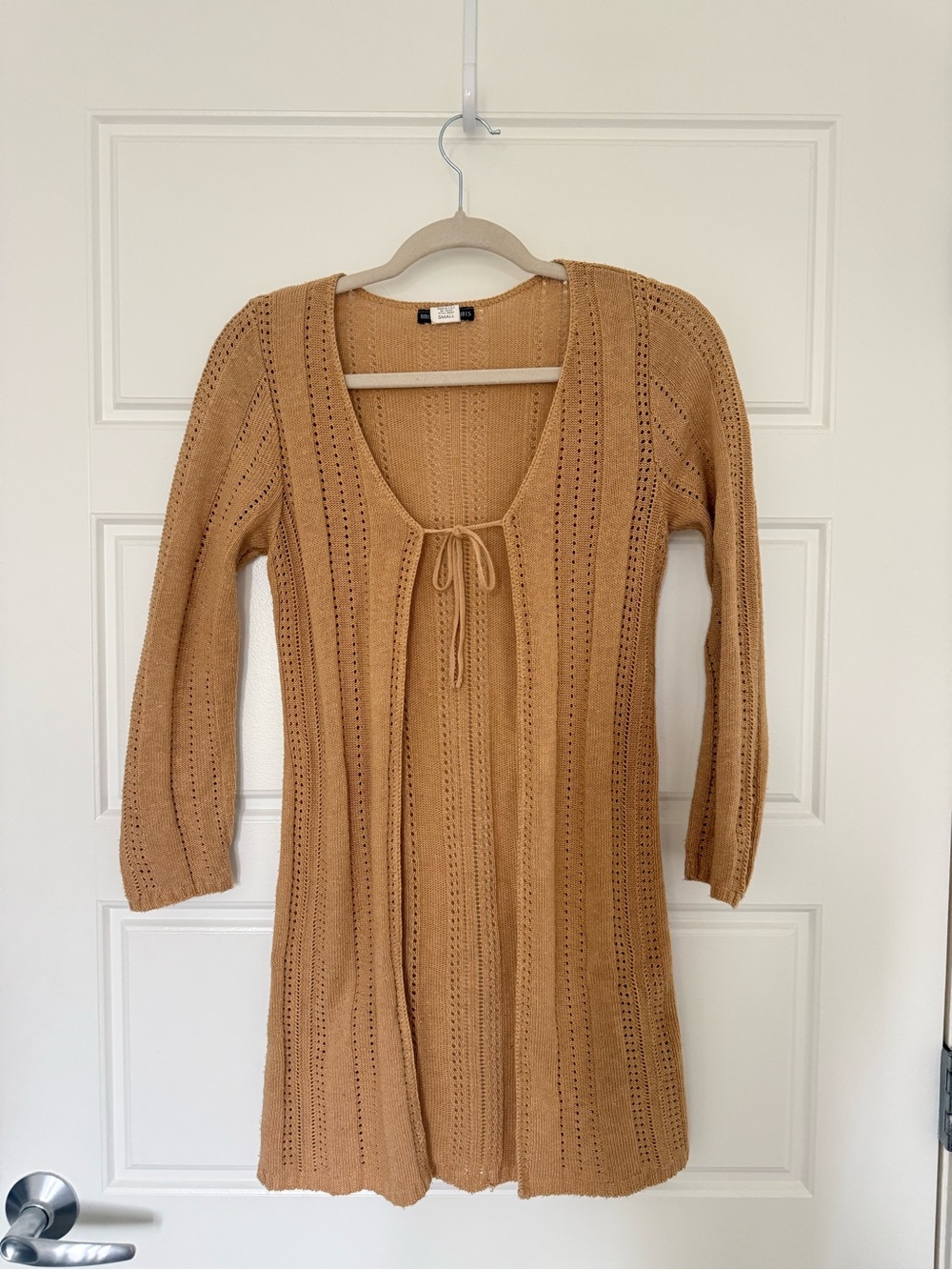 Knit Openwork Tie-Front Long Cardigan - Camel